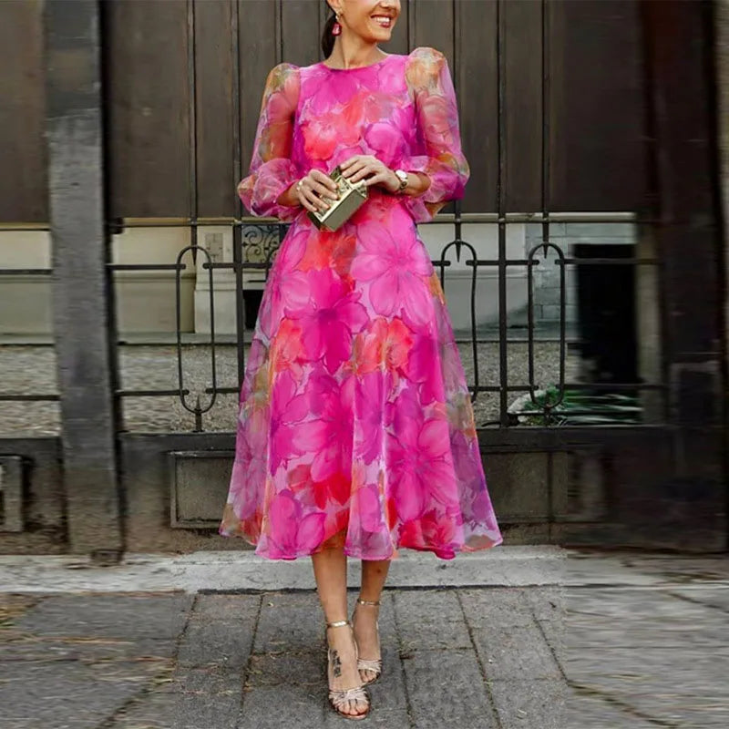 Elegant Floral Midi Dress with Sheer Sleeves for Women